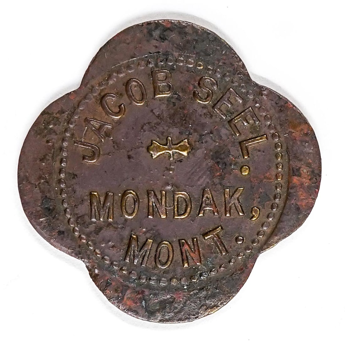 Jacob Seel Mondak, Montana Token: Jacob Seel Mondak, Montana Token. Good for 12.5c in Trade. VG/VG+ condition. Measures 30 mm. If lot is absent of a condition report one may be requested via email. Condition report is provided as an o