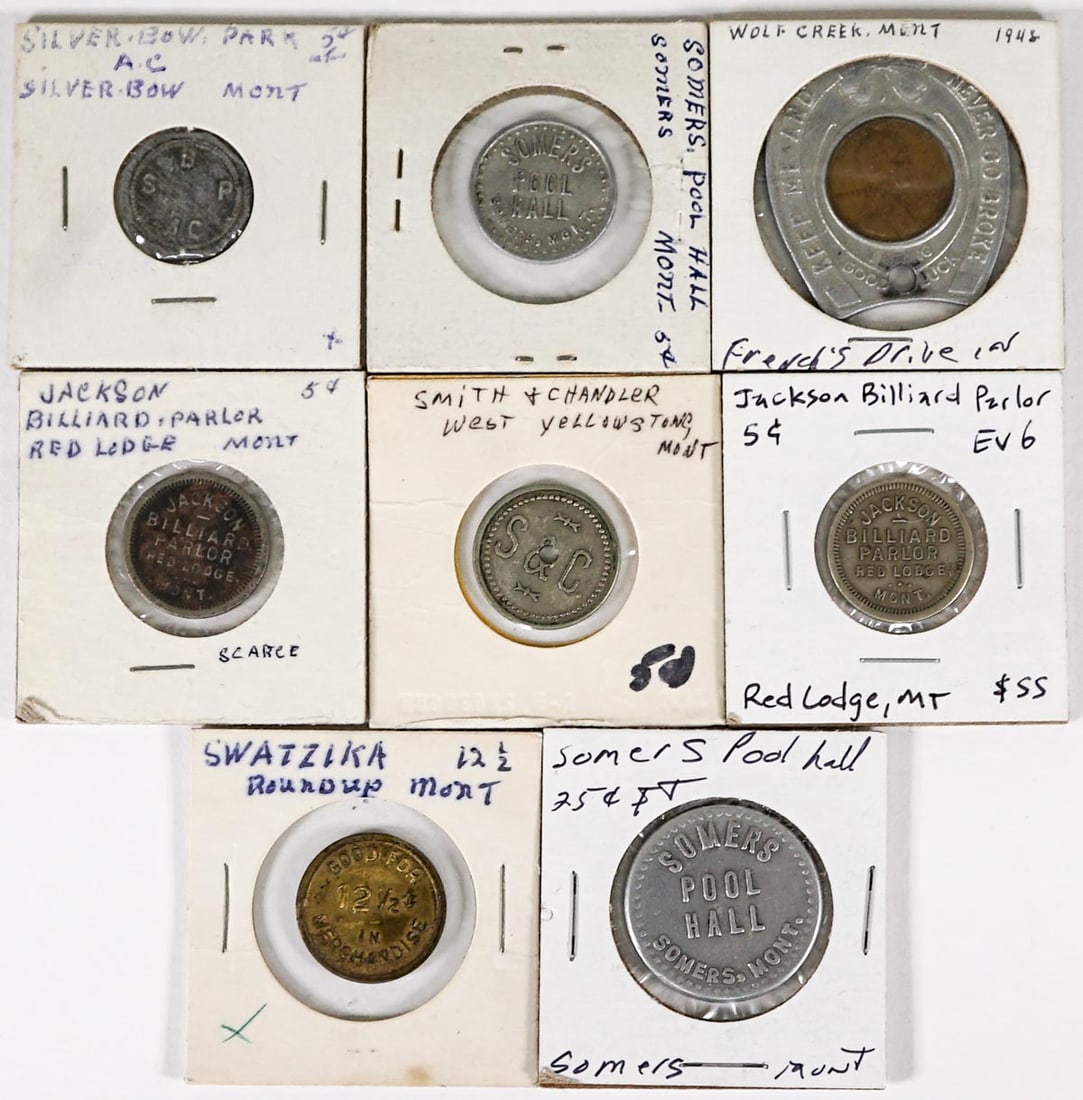 (8) Vintage & Antique Montana Trade Tokens: (8) Vintage & Antique Montana Trade Tokens. If lot is absent of a condition report one may be requested via email. Condition report is provided as an opinion only and is no guarantee as condition can 