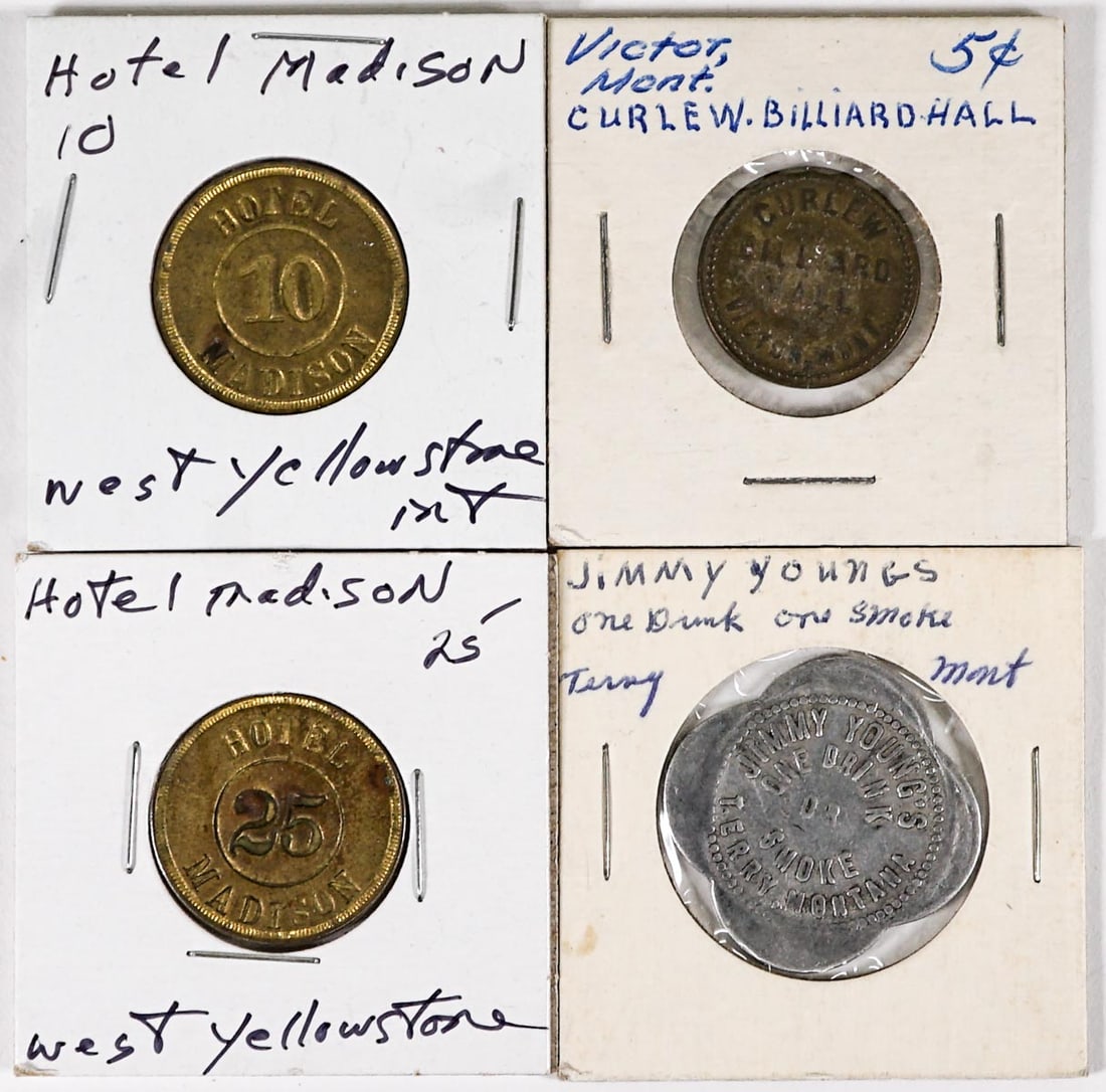 (4) Vintage & Antique Montana Trade Tokens: (4) Vintage & Antique Montana Trade Tokens. If lot is absent of a condition report one may be requested via email. Condition report is provided as an opinion only and is no guarantee as condition can 
