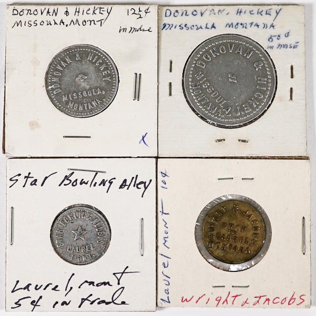 (4) Vintage & Antique Montana Trade Tokens: (4) Vintage & Antique Montana Trade Tokens. If lot is absent of a condition report one may be requested via email. Condition report is provided as an opinion only and is no guarantee as condition can 