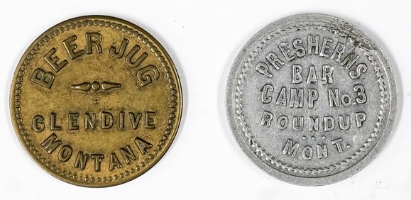 Beer Jug, Glendive & Presherns Bar Montana Tokens