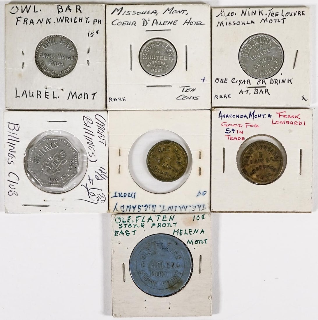 (7) Vintage & Antique Montana Trade Tokens: (7) Vintage & Antique Montana Trade Tokens. If lot is absent of a condition report one may be requested via email. Condition report is provided as an opinion only and is no guarantee as condition can 