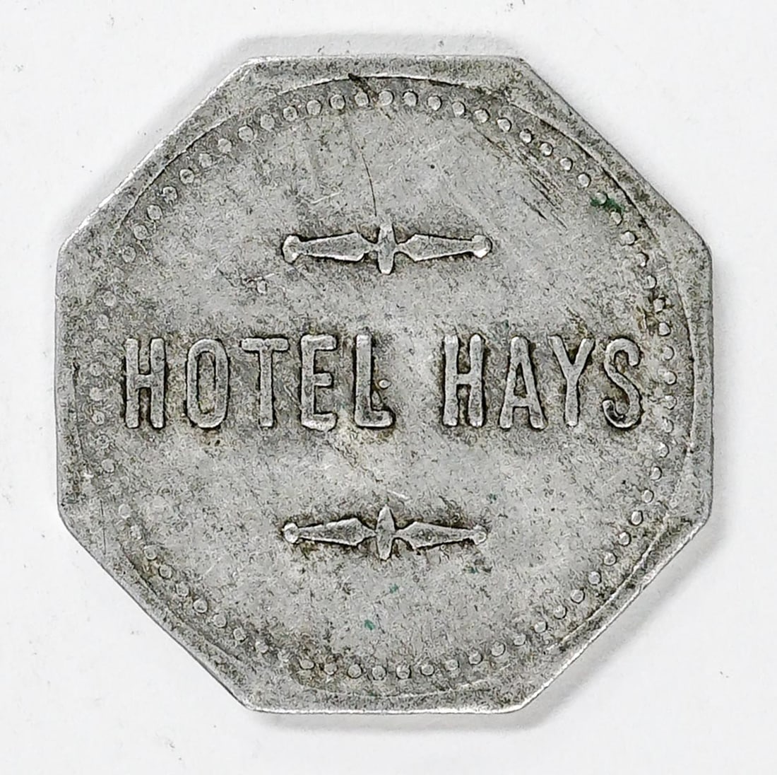 Unlisted Hays, Montana Trade Token Hotel Hays: Unlisted Hays, Montana Trade Token Hotel Hays (Verified by Sonny Cranson). Octagonal aluminum token. Good For 5c In Trade. VG/VG+ condition. Measures 25 mm. If lot is absent of a condition report one 