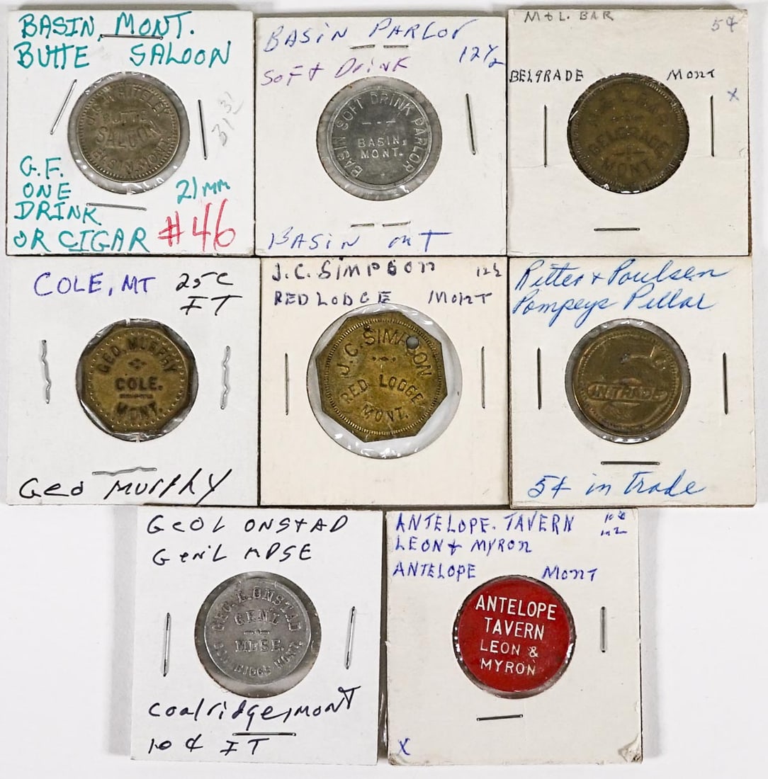 (8) Vintage & Antique Montana Trade Tokens: (8) Vintage & Antique Montana Trade Tokens. If lot is absent of a condition report one may be requested via email. Condition report is provided as an opinion only and is no guarantee as condition can 