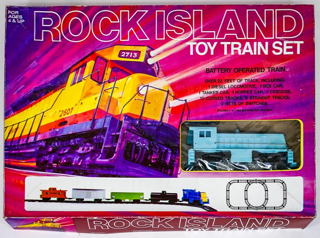 Rock Island Battery Op. Train Set 51010 MIB: Rock Island battery operated toy train set in original box. Made in Mexico and distributed by Great Lakes Promotions. Includes instructions in the bottom. Box measures 15 in. x 22 in. x 2.75 in. These