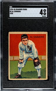 1935 Diamond Stars Al Simmons #2 SGC 4: [Set Break with Variations] 1934-36 Diamond Stars #2 Al Simmons (1935 Green Back) SGC 4. Population 11 with 9 higher. If lot is absent of a condition report one may be requested via email. Condition