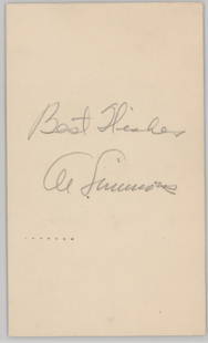 Al Simmons (d.1956) Signed Government PC JSA LOA: Al Simmons (d.1956) Signed Government Postcard. JSA LOA #X28655. Measures 3.25 x 5.5 inches. Excellent condition. If lot is absent of a condition report one may be requested via email. Condition
