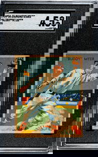 1935 Diamond Stars Buddy Myer #4 SGC 4.5: [Set Break with Variations] 1934-36 Diamond Stars #4 Buddy Myer (1935 Green Back) SGC 4.5. Population 1 with 11 higher. If lot is absent of a condition report one may be requested via email.