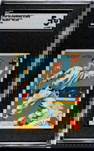 1936 Diamond Stars Buddy Myer #4 SGC 5: [Set Break with Variations] 1934-36 Diamond Stars #4 Buddy Myer (1936 Blue Back) SGC 5. Population 5 with only 5 higher. If lot is absent of a condition report one may be requested via email.