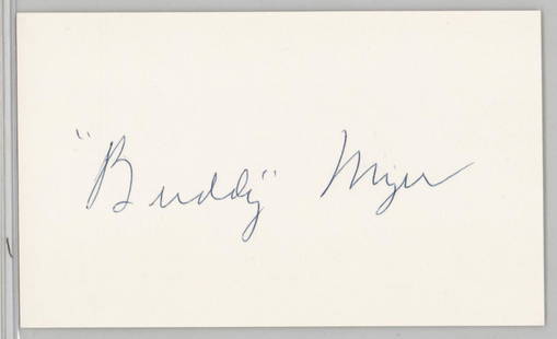 Buddy Myer (d.1974) Signed Index Card BAS COA: Buddy Myer (d.1974) Signed Index Card BAS COA #BN96197. Measures 3 x 5 inches. Excellent condition. If lot is absent of a condition report one may be requested via email. Condition report is provided