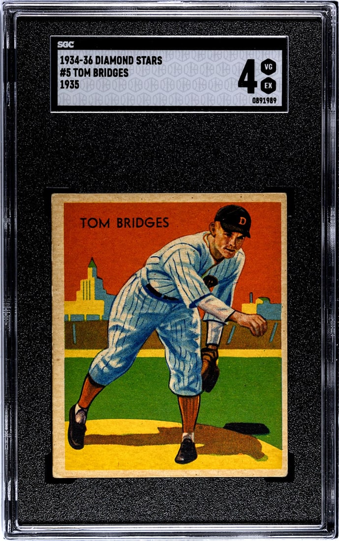 1935 Diamond Stars Tom Bridges #5 SGC 4: [Set Break with Variations] 1934-36 Diamond Stars #5 Tom Bridges (1935 Green Back) SGC 4. Population 5 with 7 higher. If lot is absent of a condition report one may be requested via email. Condition r