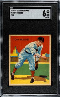 1936 Diamond Stars Tom Bridges #5 SGC 6: [Set Break with Variations] 1934-36 Diamond Stars #5 Tom Bridges (1936 Blue Back) SGC 6. Population 3 with only 5 higher. If lot is absent of a condition report one may be requested via email.