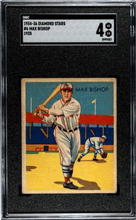 1935 Diamond Stars Max Bishop #6 SGC 4: [Set Break with Variations] 1934-36 Diamond Stars #6 Max Bishop (1935 Green Back) SGC 4. Population 7 with 8 higher. If lot is absent of a condition report one may be requested via email. Condition