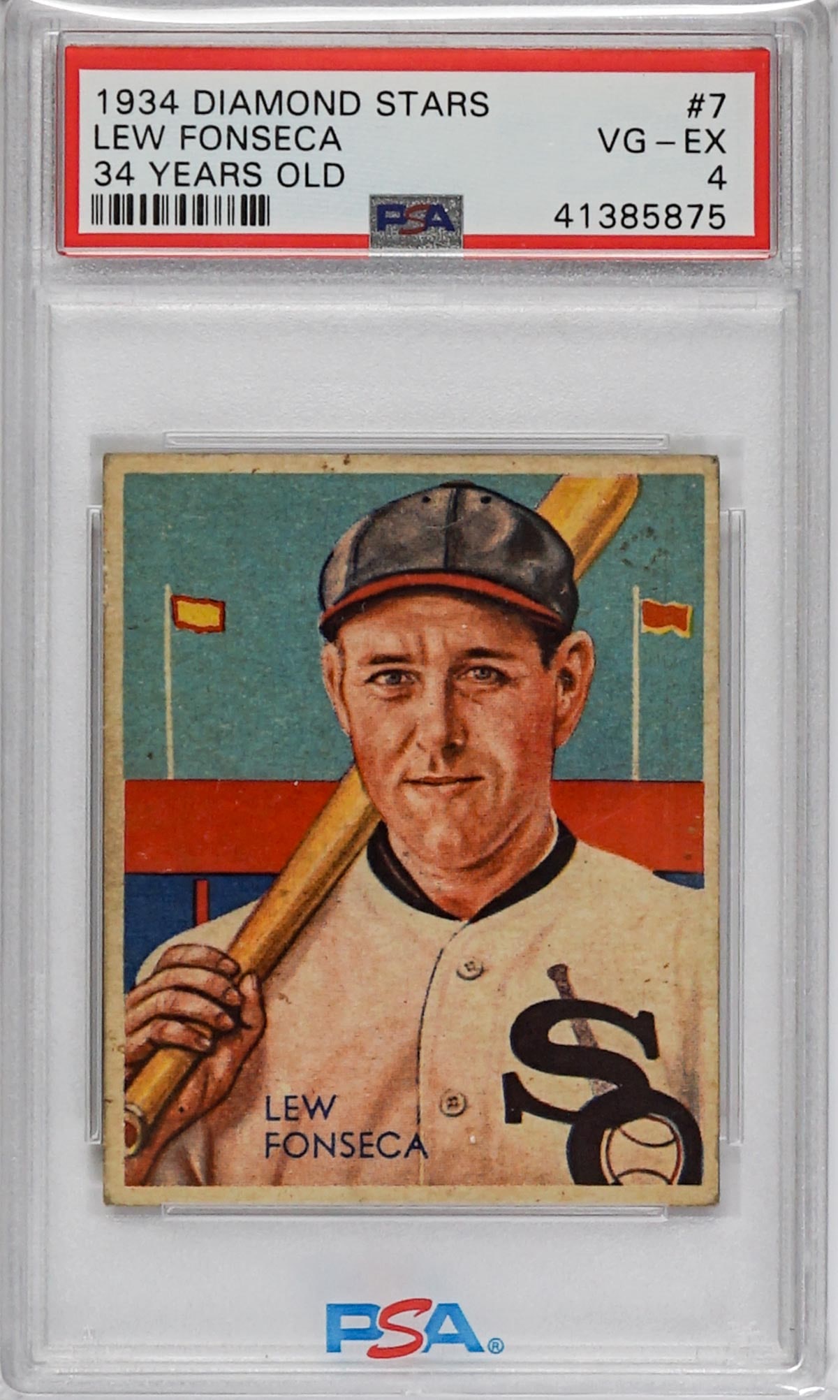 1934 Diamond Stars Lew Fonseca #7 PSA 4: [Set Break with Variations]1934-1936 R327 Diamond Stars #7 Lew Fonseca 34 Years Old (1934 Green Back) PSA VG-EX 4. Population 17. If lot is absent of a condition report one may be requested via email.
