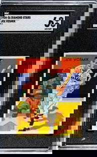 1934 Diamond Stars Joe Vosmik #8 SGC 6: [Set Break with Variations] 1934-36 Diamond Stars #8 Joe Vosmik (1934 Green Back) SGC 6. Population 1 with NONE higher. If lot is absent of a condition report one may be requested via email.