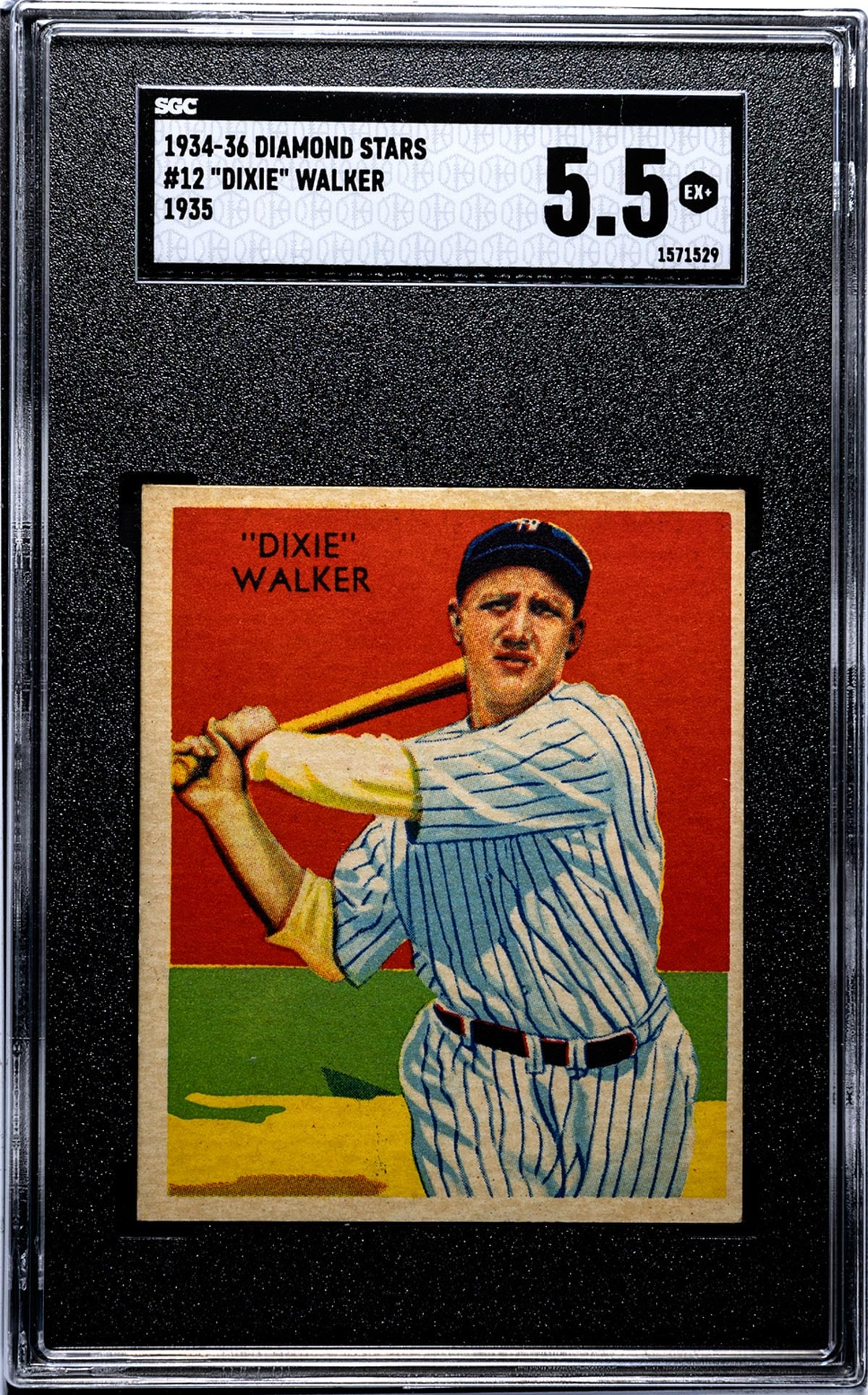 1935 Diamond Stars Dixie Walker #12 SGC 5.5: [Set Break with Variations] 1934-36 Diamond Stars #12 Dixie Walker (1935 Green Back) SGC 5.5. Population 4 with only 7 higher. If lot is absent of a condition report one may be requested via email. Co