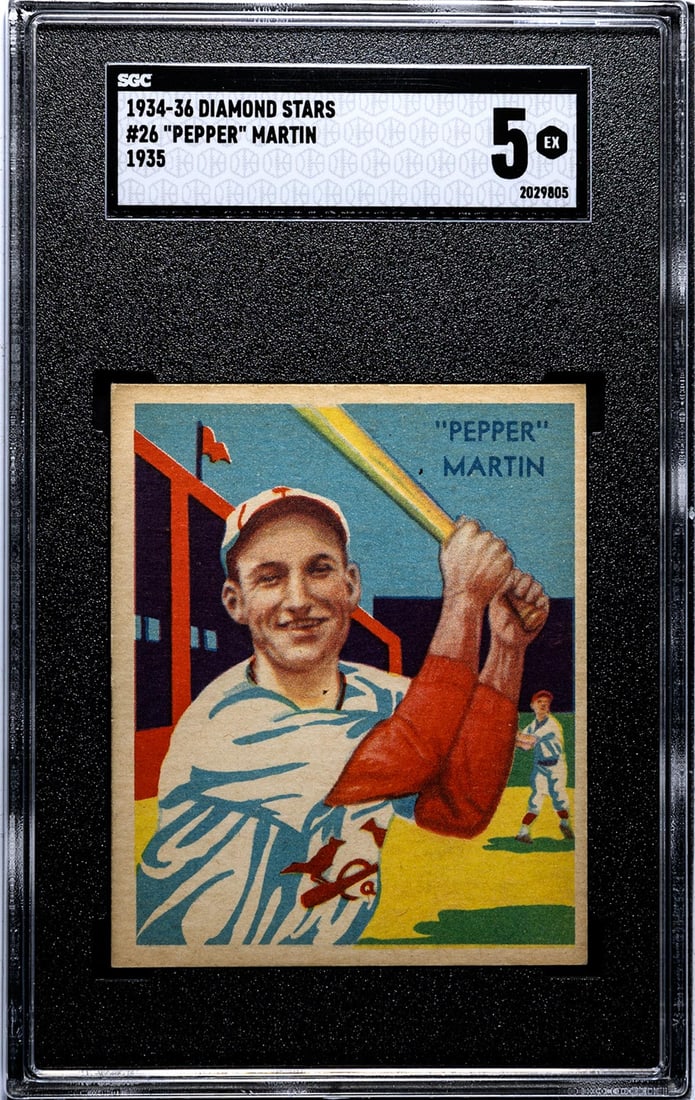 1935 Diamond Stars Pepper Martin #26 SGC 5: [Set Break with Variations] 1934-36 Diamond Stars #26 Pepper Martin (1935 Green Back) SGC 5. Population 15. If lot is absent of a condition report one may be requested via email. Condition report is p