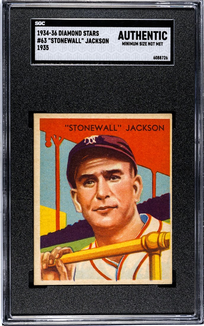 1935 Diamond Stars Stonewall Jackson #63 SGC A: [Set Break with Variations] 1934-36 Diamond Stars #63 Travis "Stonewall" Jackson (1935 Green Back) SGC A. If lot is absent of a condition report one may be requested via email. Condition report is pro