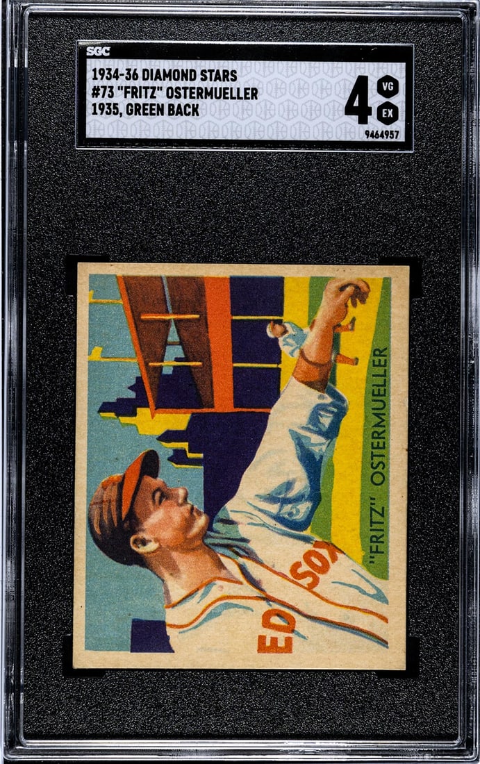 1935 Diamond Stars Fritz Ostermueller #73 SGC 4: [Set Break with Variations] 1934-36 Diamond Stars #73 Fritz Ostermueller (1935 Green Back) SGC 4. If lot is absent of a condition report one may be requested via email. Condition report is provided as