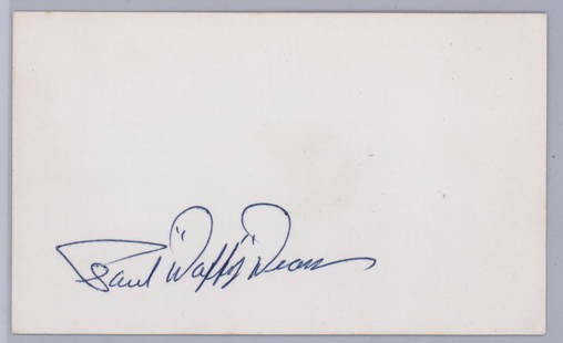 Paul "Daffy" Dean Signed Index Card BAS COA: Paul "Daffy" Dean (d.1981) Signed Index Card. Beckett Authentication Services COA #BN96538. NM-MT. If lot is absent of a condition report one may be requested via email. Condition report is provided