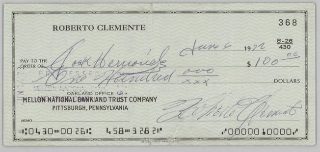 Roberto Clemente Signed Check BAS LOA: Roberto Clemente Signed Check BAS LOA. Beckett Authentication Services LOA #AC04351. G-VG. If lot is absent of a condition report one may be requested via email. Condition report is provided as an
