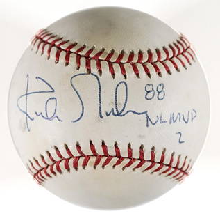 Kirk Gibson Single Signed 1988 World Series Ball: Kirk Gibson Single Signed 1988 World Series Baseball. Ball shows signed of use. PSA/DNA COA #2A16921. NM-MT. If lot is absent of a condition report one may be requested via email. Condition report is