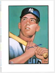 1952 Topps Mickey Mantle Signed Lithograph BAS LOA: Mickey Mantle Signed 1952 Topps Inspired lithograph. Measures 20 x 15 inches. Signed and numbered 40/250 by artist Gerry Dvorak. Beckett Authentication Services LOA #AC83002. Signature is MINT.