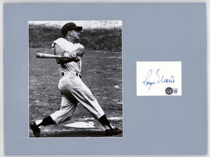Roger Maris Matted Index Card (BAS LOA) w/Photo: Roger Maris Matted Index Card (BAS LOA) with Photo. Beckett Authentication Services LOA #AC83003. NM-MT/MT. Unframed, professionally matted. Measures 12 x 16 inches. NM-MT. If lot is absent of a