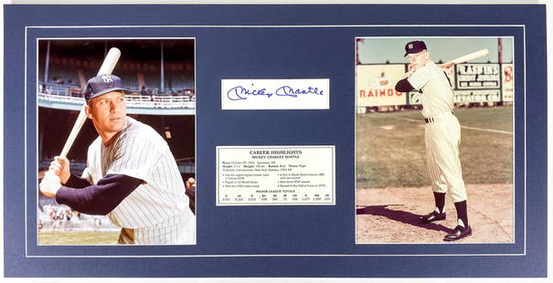 Mickey Mantle Matted Index Card w/Photos (BAS LOA): Mickey Mantle Matted Index Card or Cut with Photos (BAS LOA). Beckett Authentication Services LOA #AE04286. Unframed, professionally matted. Measures 12 x 24 inches. NM-MT. If lot is absent of a
