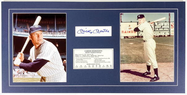 Mickey Mantle Matted Index Card w/Photos (BAS LOA): Mickey Mantle Matted Index Card or Cut with Photos (BAS LOA). Beckett Authentication Services LOA #AE04285. Unframed, professionally matted. Measures 12 x 24 inches. NM-MT. If lot is absent of a