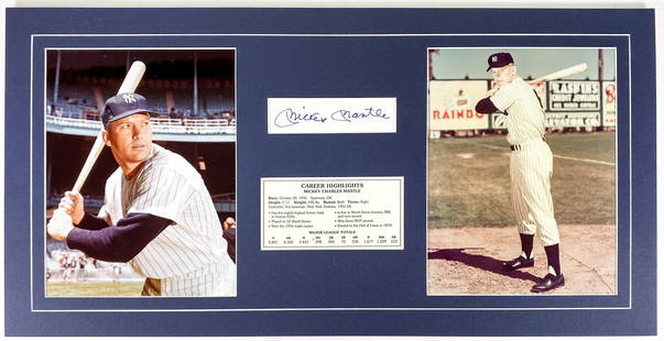Mickey Mantle Matted Index Card w/Photos (BAS LOA): Mickey Mantle Matted Index Card or Cut with Photos (BAS LOA). Beckett Authentication Services LOA #AE04287. Unframed, professionally matted. Measures 12 x 24 inches. NM-MT. If lot is absent of a