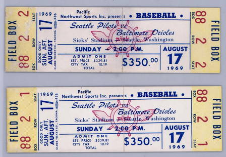 Seattle Pilots Pair of Tickets 8/17/1969: Seattle Pilots Pair of Tickets 8/17/1969. G-VG. If lot is absent of a condition report one may be requested via email. Condition report is provided as an opinion only and is no guarantee as condition