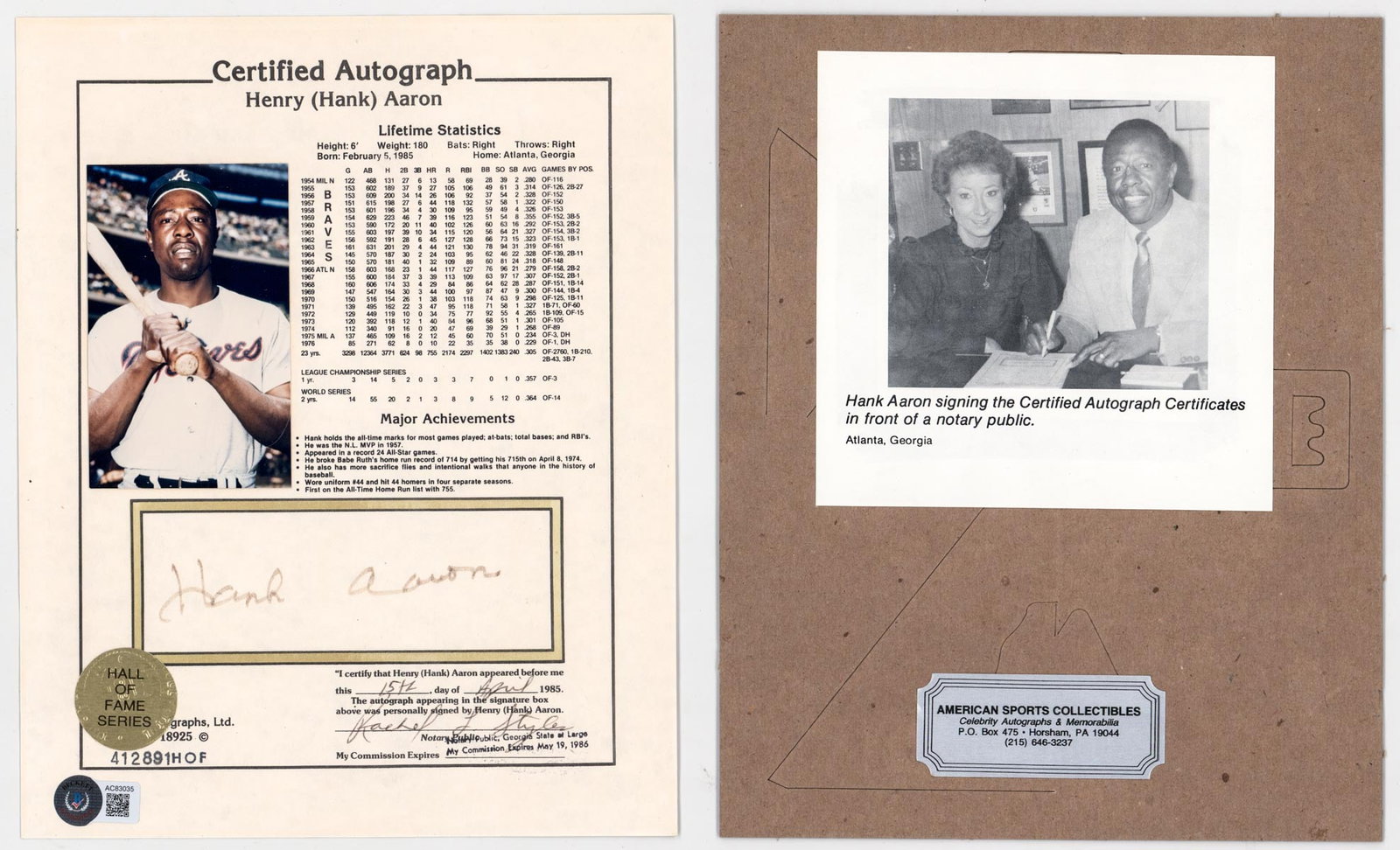 Hank Aaron SIGNED Certificate w/ Photo BAS LOA (1 of 7)