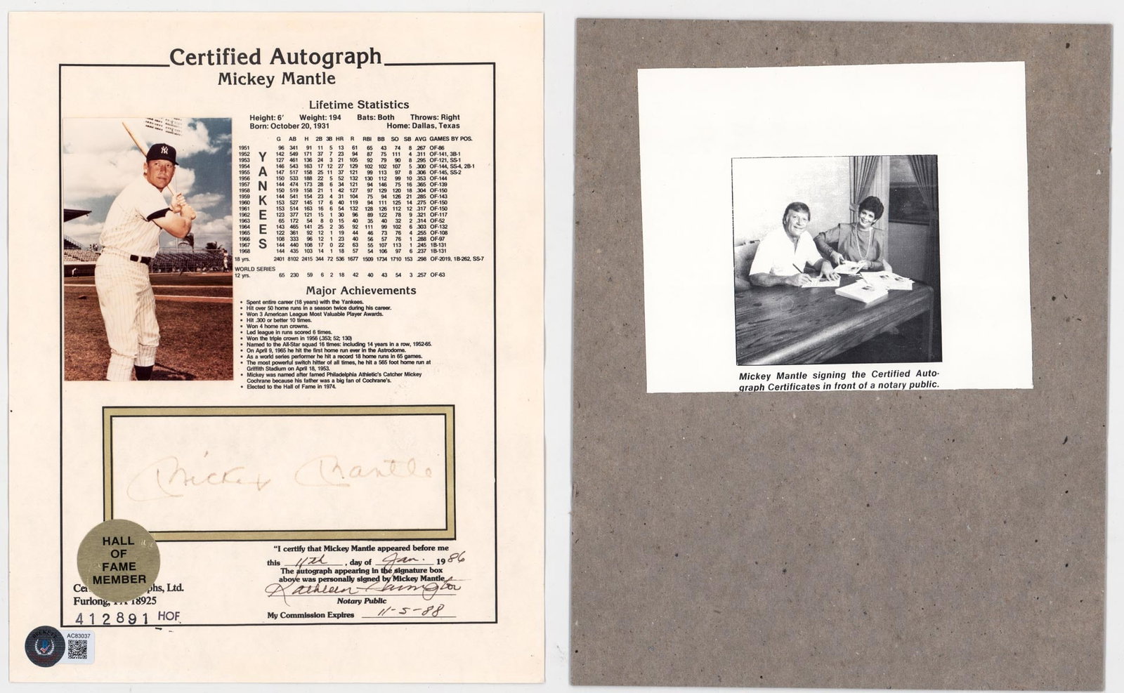 Mickey Mantle SIGNED Certificate w/ Photo BAS LOA (1 of 7)
