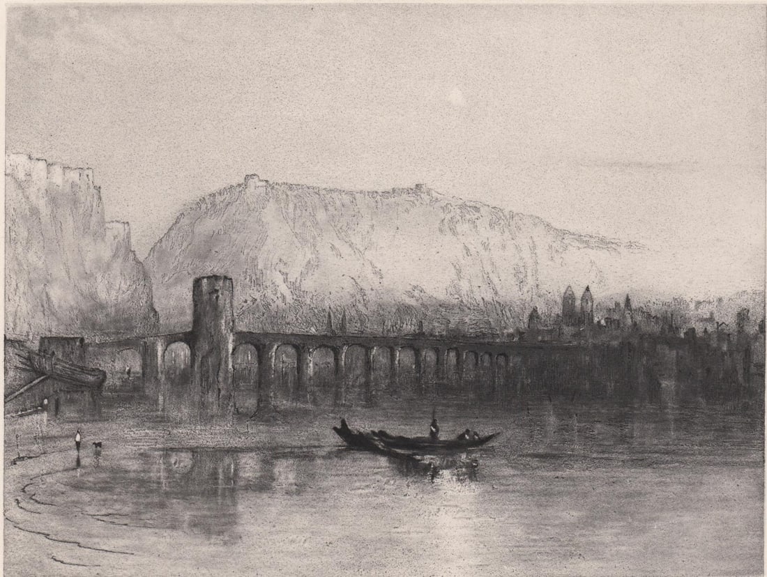 Frank Short After JMW Turner Mezzotint [Bridge]: Sir Frank Short (1857-1945) After JMW Turner mezzotint. Plate measures 7 in. x 9.125 in. Sheet measures 10.5 in. x 14.375 in. Tape residue upper corners. Unframed, loose and not glued or mounted. If l