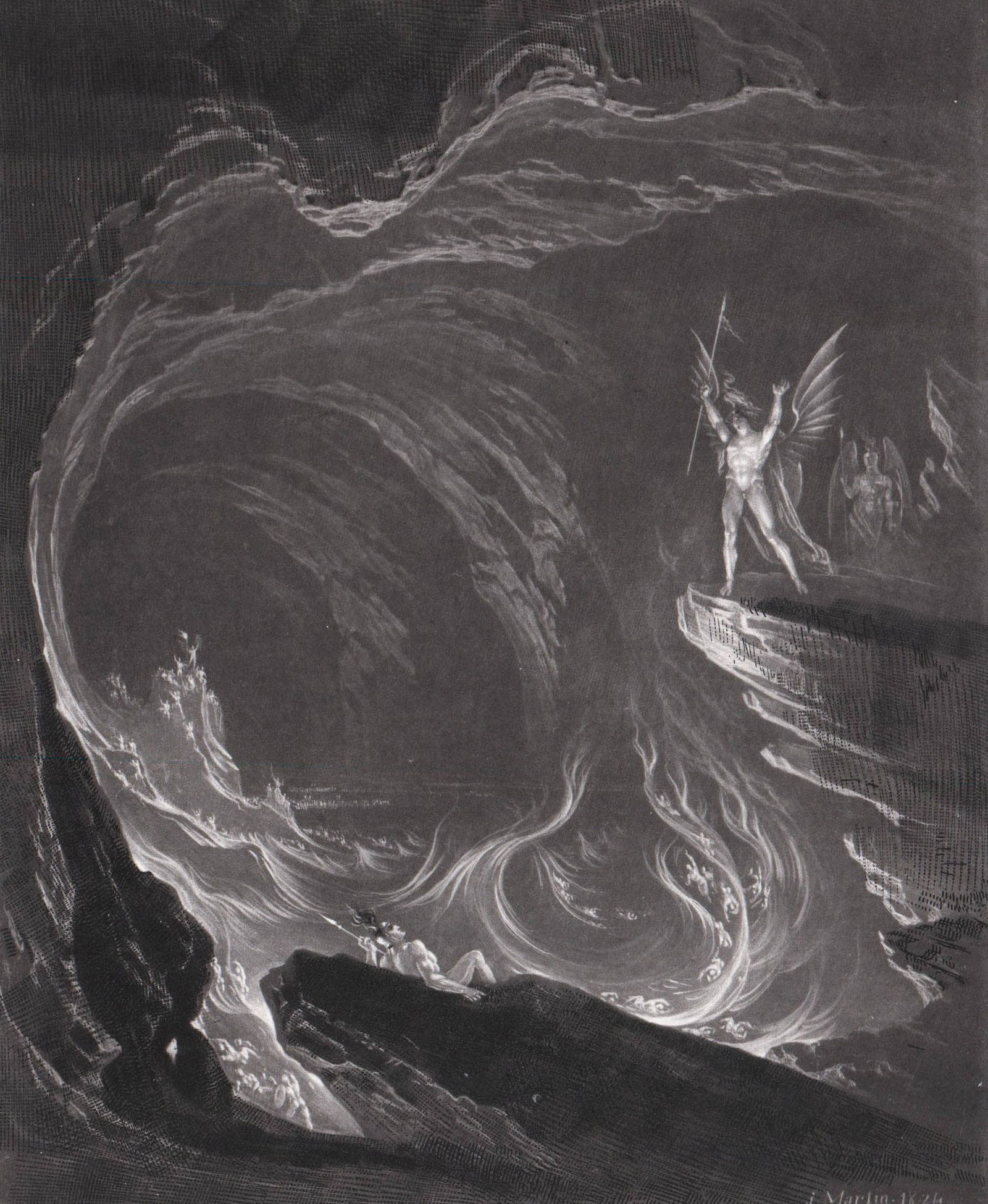 John Martin 'Paradise Lost' Mezzotint 1826: John Martin (England, 1789-1854) mezzotint and drypoint engraving 'Satan Arousing the Fallen Angels'. Image measures 7.3785 in. x 6 in. Sheet measures 10.125 in. x 7.125 in. Unframed, loose and not gl