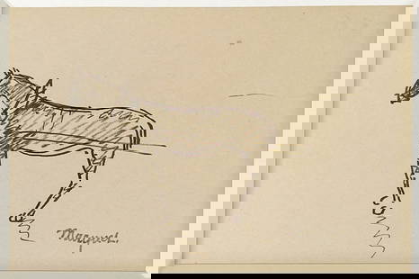 Albert Marquet Pen and Ink Drawing [Horse]: Albert Marquet (French, 1875-1947) original pen and ink drawing signed lower right. Sight size measures 3.75 in. x 5.5 in. Pressed board frame measures 9.25 in. x 11 in. Several spots on frame. If lot