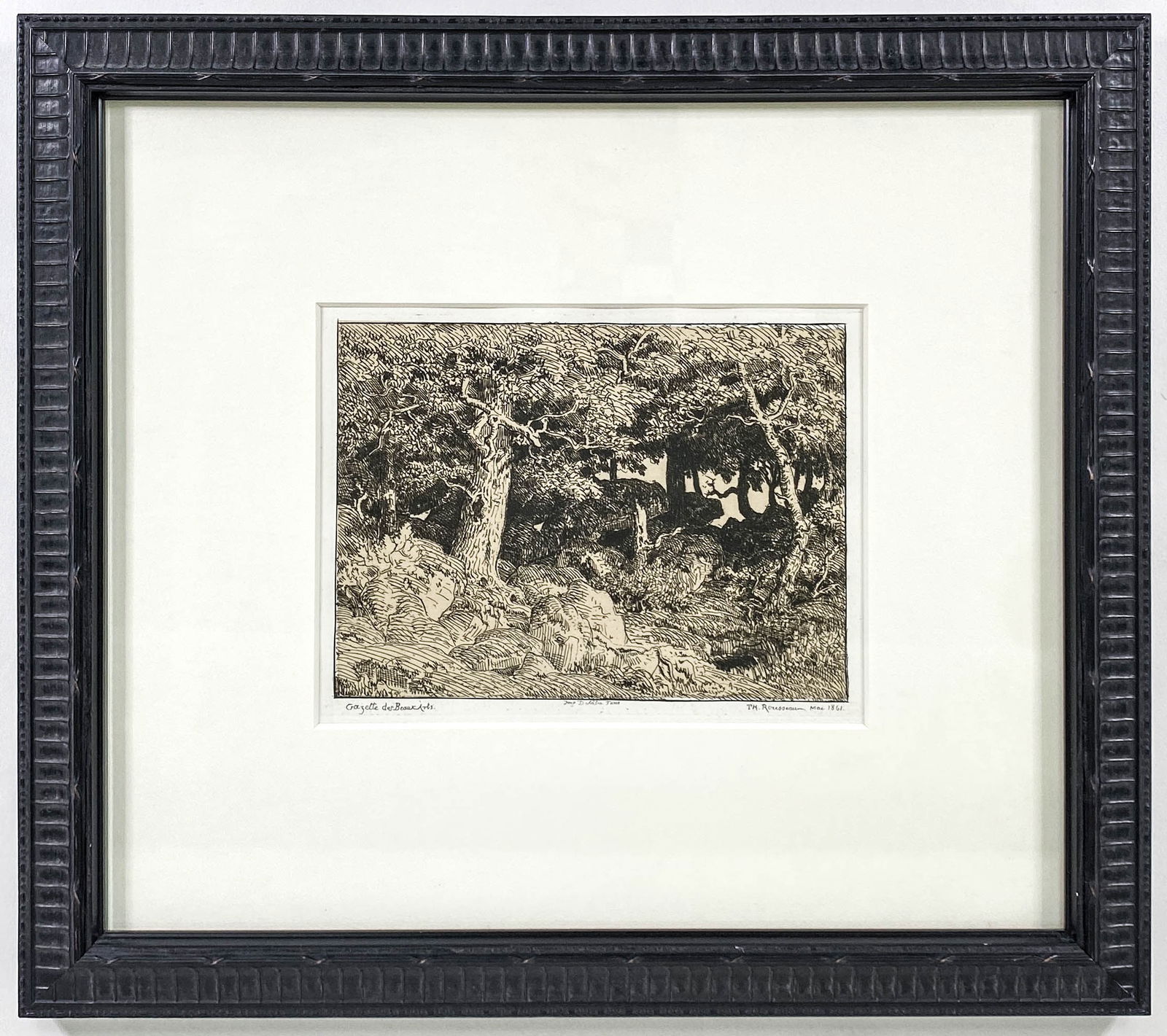 Theodore Rousseau (France, 1812-1867): Theodore Rousseau (France, 1812-1867) Etching, Chenes de Roche II, ca. 1861. Measures 5.125 x 7 inches (133 mm x 178 mm) plate size and 13 x 14.5 inches framed. Appears to be in very fine condition, n