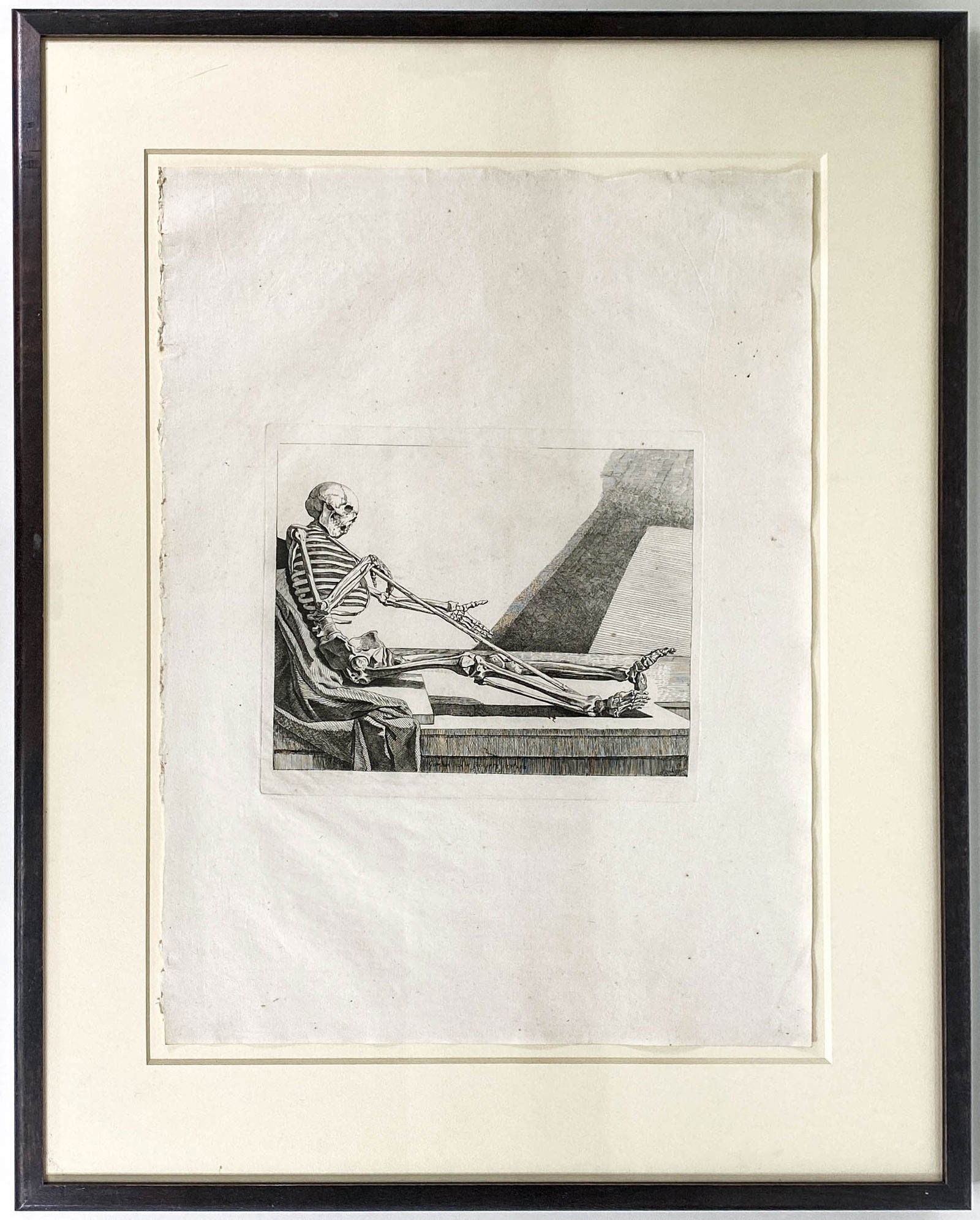 Etching by J. Gamelin after himself, 1778.: A reclining skeleton, holding a staff, pulling himself out of his tomb. Etching by J. Gamelin after himself, 1778. Measures 9.375 x 11.125 inches (240 cm x 283 cm) plate size and 30.125 x 24 inches fr