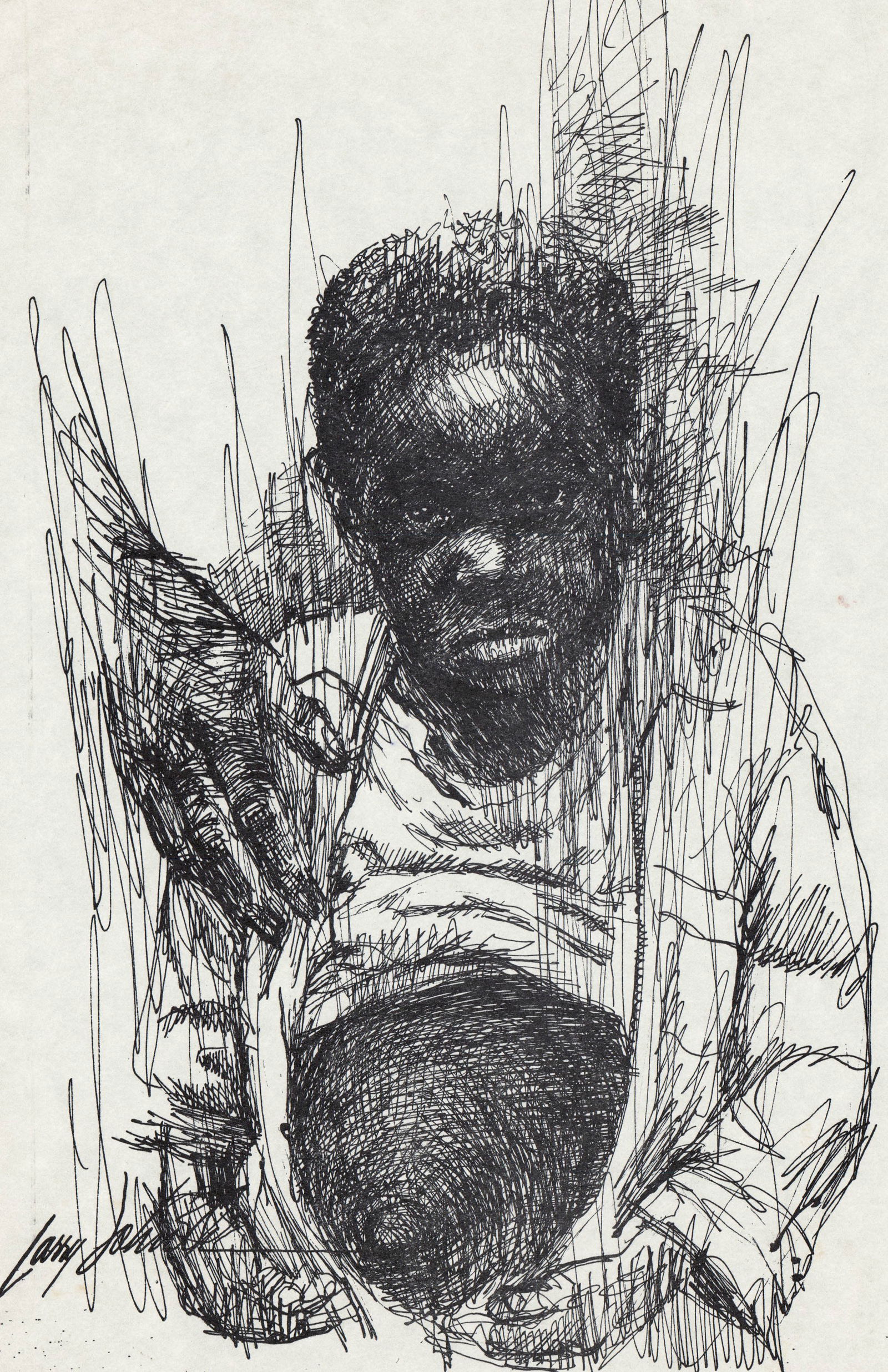 Larry Johnson Original Pen and Ink [Young Boy]: Larry Johnson (American, b. 1949) measures 14 in. x 8.5 in. Unframed, loose and not glued or mounted. Provenance: Estate collection of William Greenbaum, Gloucester, Massachusetts, Proprietor of Willi