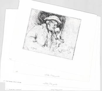 William Meyerowitz (4) Etchings [Allen Sloane]: Four (4) William Meyerowitz (American 1887-1981) etchings. Allen Sloane Printer is pencil signed lower center on three (3) . Landscape, people. Sheets measure approximately 9 in to 11 in. x 11 in. to