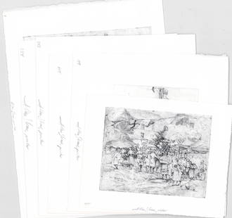 William Meyerowitz (6) Etchings [Allen Sloane]: Six (6) William Meyerowitz (American 1887-1981) small etchings. Allen Sloane Printer is pencil signed lower center. Landscape, people. Sheets measure approximately 5.25 in. to 7.5 in. x 6.75 in. to 9.