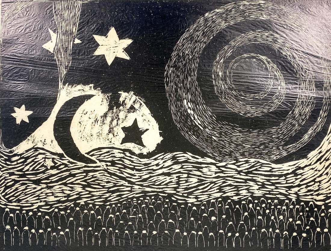 Juana Lecaros Woodcut SIGNED1962: Juana Lecaros (Chile, 1920-1993) woodcut pencil signed and dated 1962 lower right. Image measures 19.5 in. x 26 in. Sheet measures 21.75 in. x 28.75 in. Tape residue sheet surround. Unframed, loose an