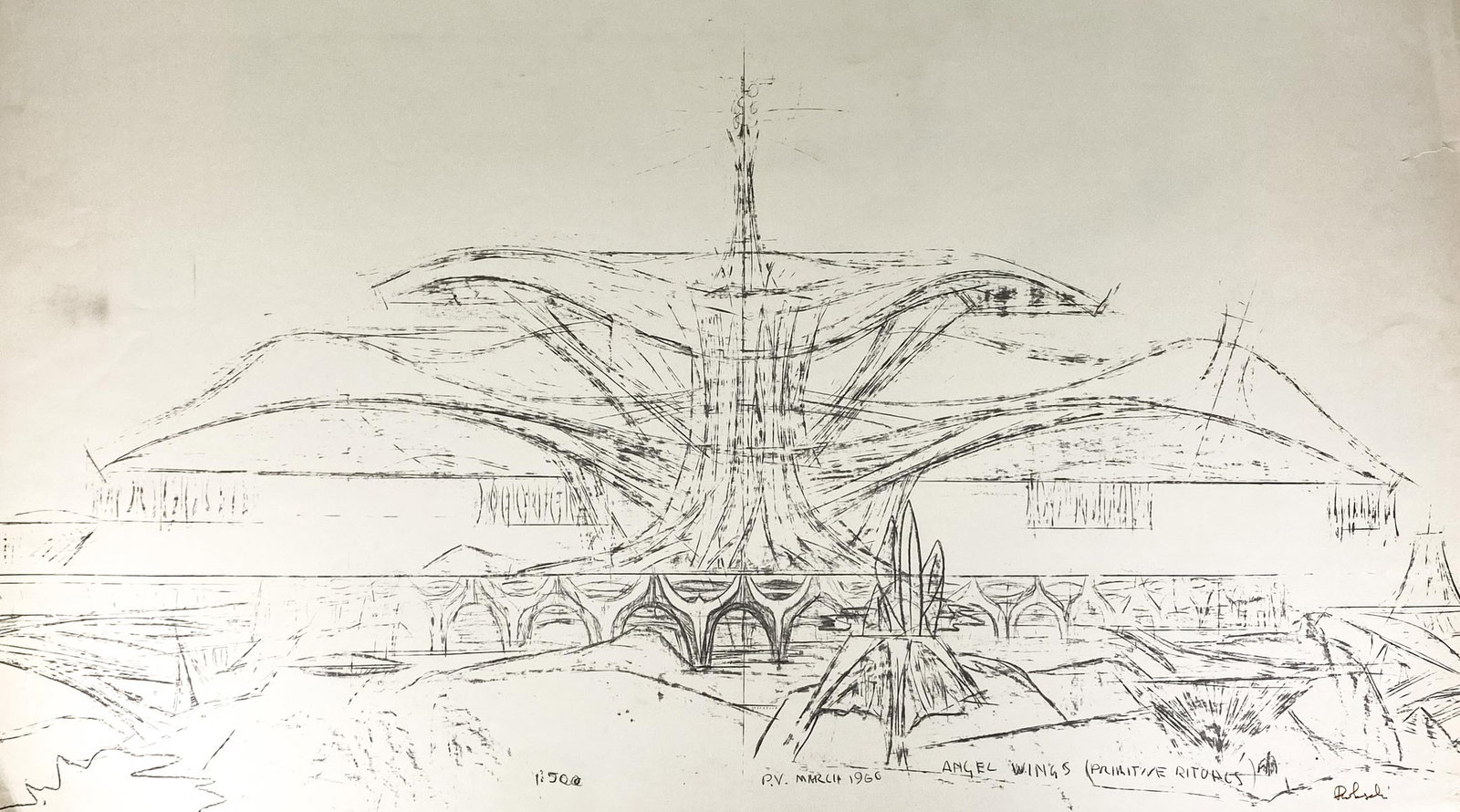 Paolo Soleri Lithograph S/N: Paolo Soleri lithograph signed lower right and numbered 68/100 lower left. Measures 25 in. x 38 in. Edge wear and tears with creasing and smudge left side. Tape repair right edge. Unframed, loose and 