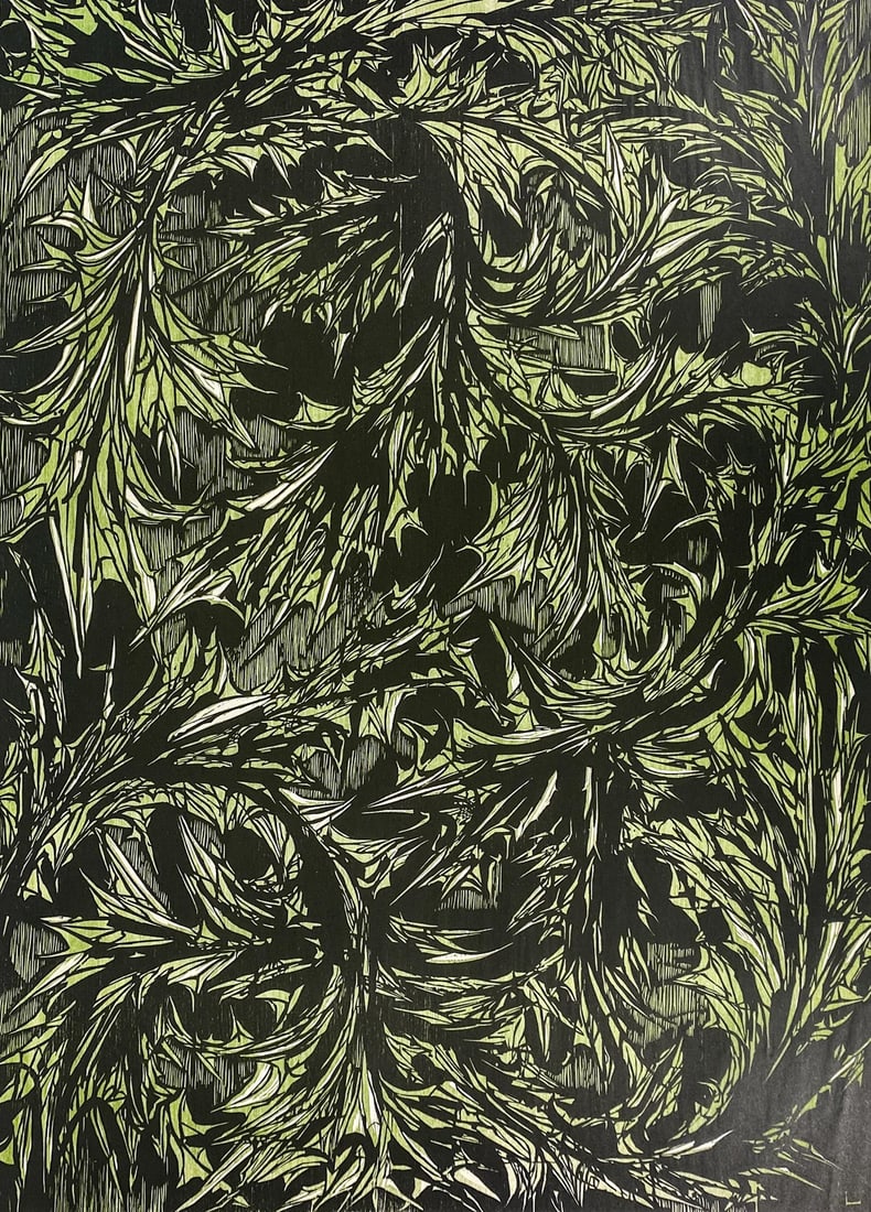 Leonard Baskin S/N Woodcut [Thistle Ornament]: Leonard Baskin (1922-2000) woodcut pencil signed lower right, titled 'Thistle Ornament' lower left and numbered 20/80 lower center. Image measures 23 in. x 32 in. Tape residue on surround and creasing