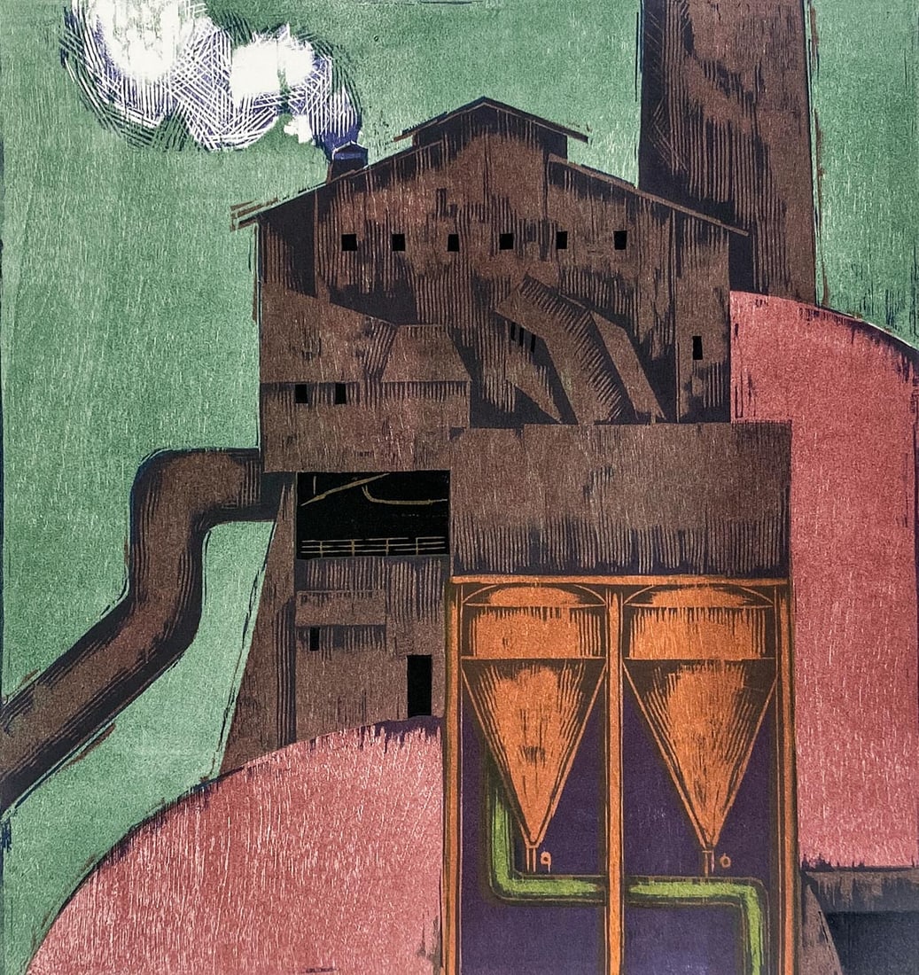 Lockwood Dennis Woodcut S/N [Industrial]: Lockwood Dennis (1937-2012 Washington) woodcut pencil signed lower right, numbered 15/26 lower left. Titled "Smelter" lower center. Image measures 17 in. x 16 in. Sheet measures 24 in. x 32 in. Unfram