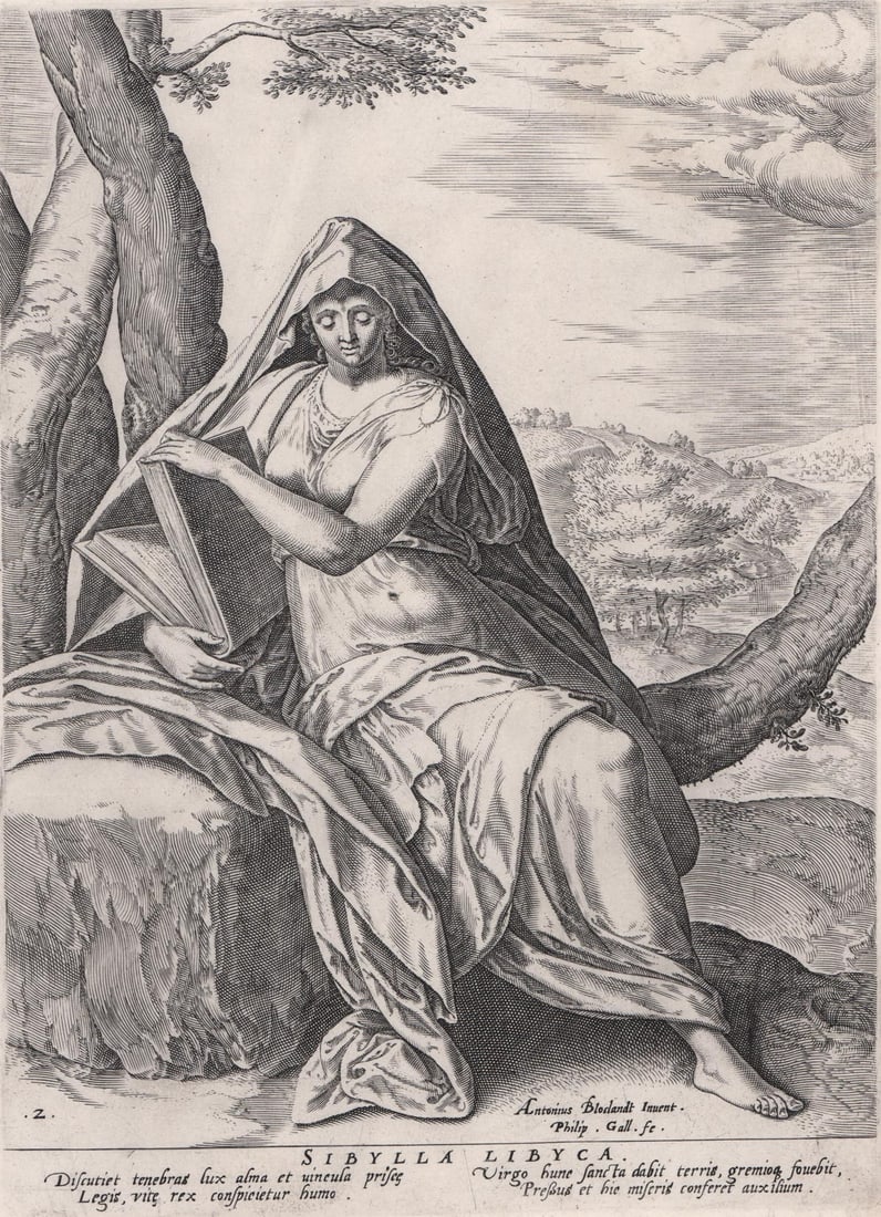 Philip Galle After Blocklandt Engraving [Sibyls]: Philip Galle (1537-1612) after Anthonis van Blocklandt (1532-1583) plate 2 for 'The Sibyls' engraving on laid paper. Sheet measures 14 in. x 10.5 in. and is properly hinge mounted to a paperboard that