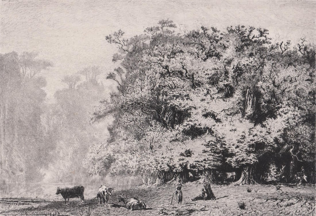 Paul Huet Etching [Pres De Fontainebleau]: Paul Huet (1803-1869) etching 'Pres De Fontainebleau'. Image measures 7.75 in. x 11 in. Sheet measures 13 in. x 18.75 in. and is hinge mounted to a mat frame that measures 15.5 in. x 19 in. Foxing and