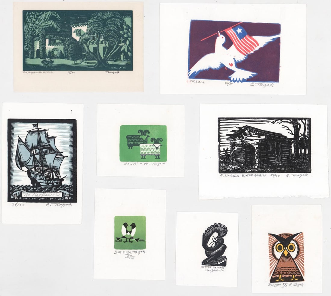 Charles Turzak (8) S/N Small Woodblock Prints: Eight (8) Charles Turzak (Illinois, Florida 1899-1986) wood cut prints all pencil signed and numbered. Sheets measure 4.25 in. - 7 in. x 3.75 in. - 9 in. Unframed, loose and not glued or mounted. Prov