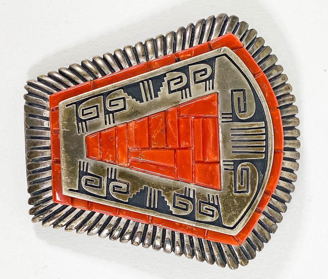 Alvin & Lula Begay Sterling & Coral Belt Buckle: Alvin & Lula Begay Sterling & Coral Belt Buckle. Measures 3 x 2.75 inches and weighs 95.81 grams. Very good condition. If lot is absent of a condition report one may be requested via email. Condition 